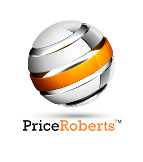 PriceRoberts logo - Black and orange text with a silver and orange sphere